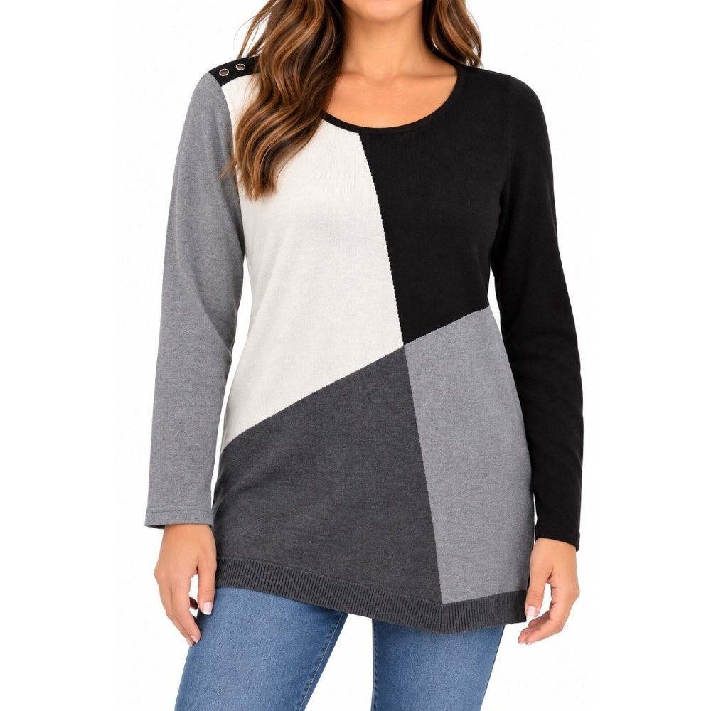 White House Black Market Womens Colorblock Sweater Tunic Black Gray White M